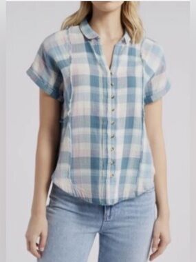 Lucky Brand Plaid Button Short Sleeve Relaxed Shirt Casual Gauzy Cotton
